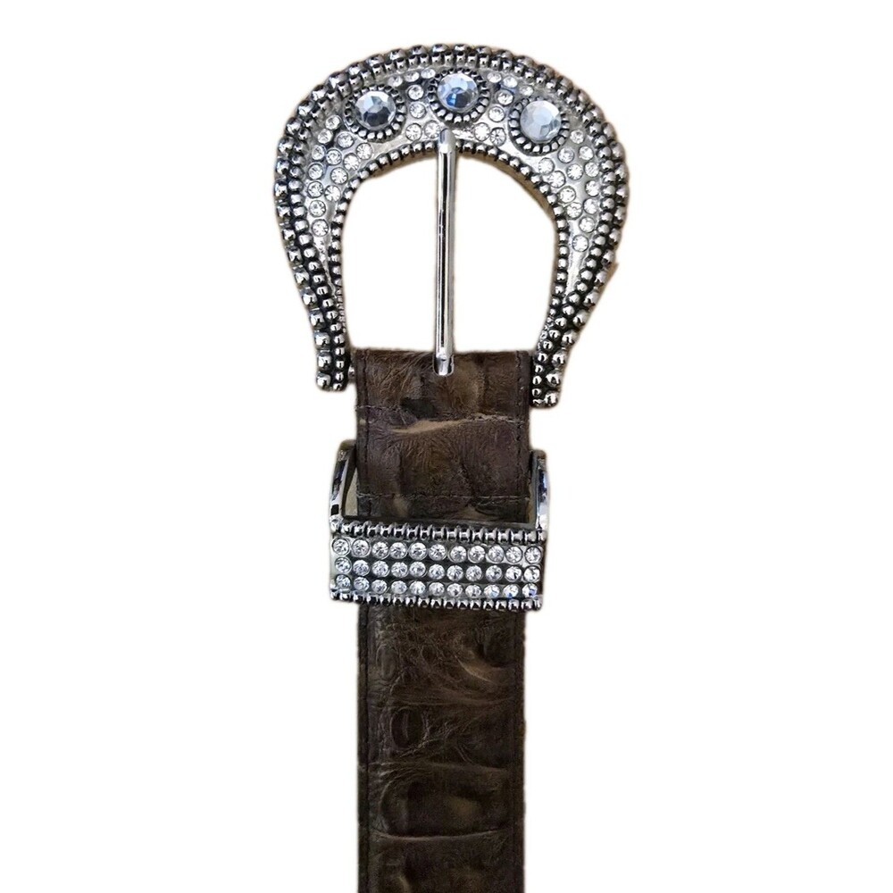 Women's Brown Leather Western Belt Bling Rhinestone Buckle Medium / Large